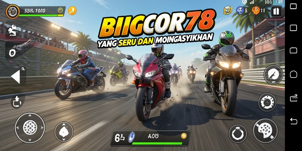 Tangkapan layar gameplay dari BIGCOR78 menampilkan aksi balapan motor yang mendebarkan.