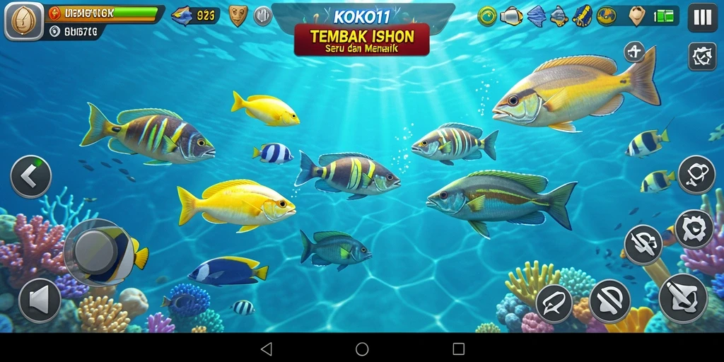 Screenshot menunjukkan pemain sedang memancing ikan dengan senjata warna-warni.