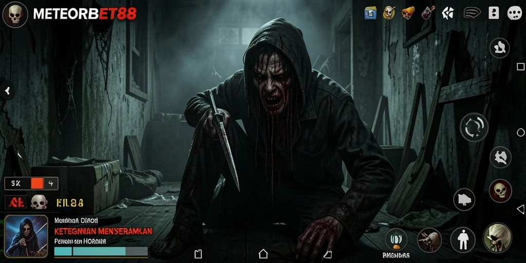 Tangkapan layar gameplay METEORBET88 menunjukkan suasana horor yang mencekam.