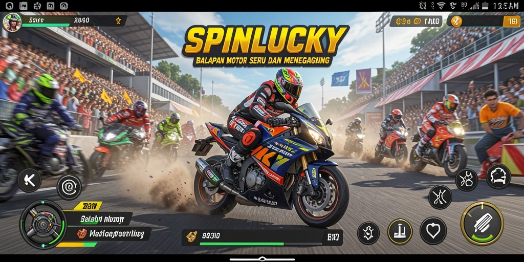 Gameplay menegangkan balapan motor di SPINLUCKY dengan berbagai trek menarik.